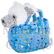 Мягкая игрушка Белый терьер в голубой сумке с сердечками с аксессуарами 19 см